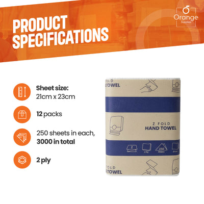 Product specifications for 2-ply paper towels, sheet size 21cm x 23cm.