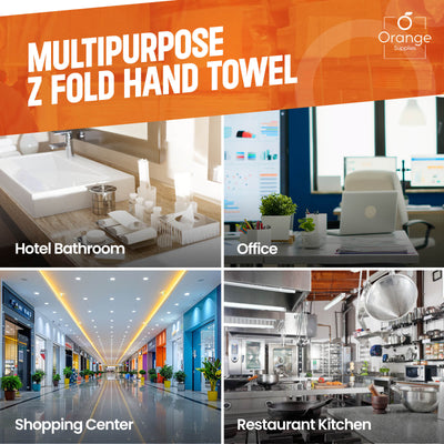 Z-Fold paper towels usage in hotel bathrooms, offices, shopping centres, and kitchens.