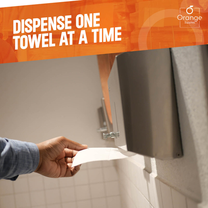 Hand pulling a single white paper towel from a wall dispenser.