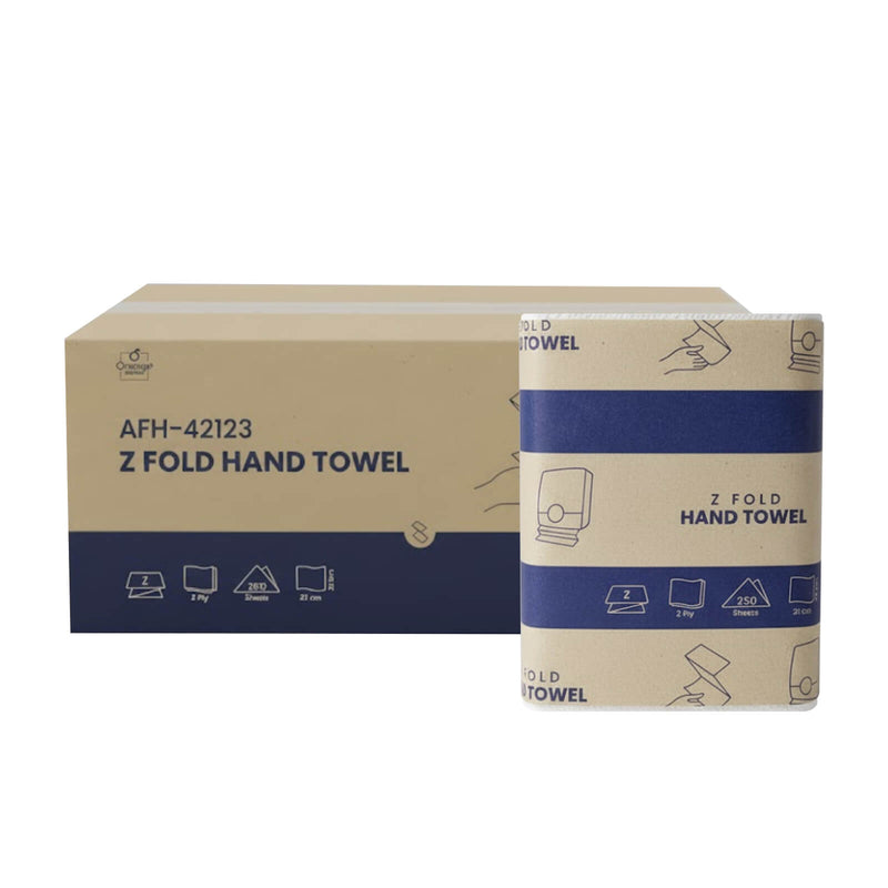 Box of Orange Supplies Z-Fold Hand Towels and single pack alongside.