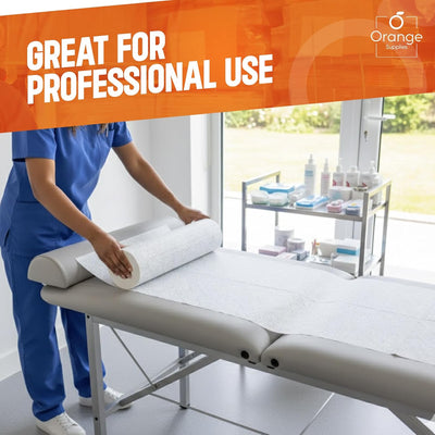 Nurse applying fresh white paper roll to a medical examination bed.