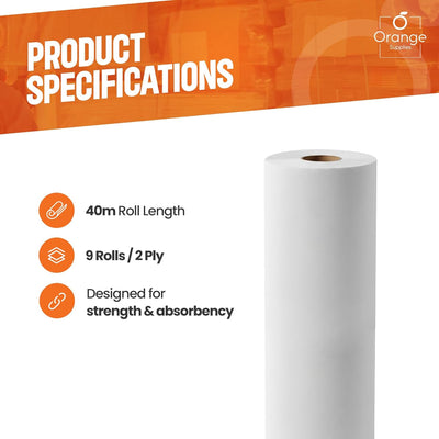 Product specifications graphic: 40m length, 9 rolls, 2 ply, absorbent.